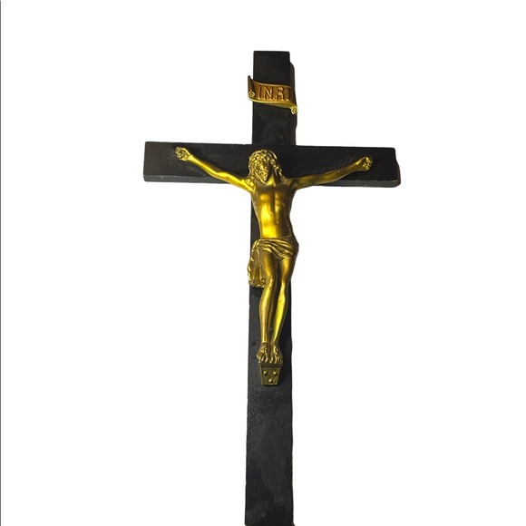 Antique Black Oak wood Victorian Heavy Brass Crucifix Religious Jesus Wall hang - Picture 11 of 16